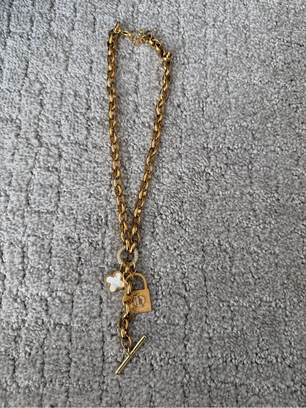 Linda Mikhail Jewelry Gold-Tone Charm Chain Necklace with White Clover Accent
